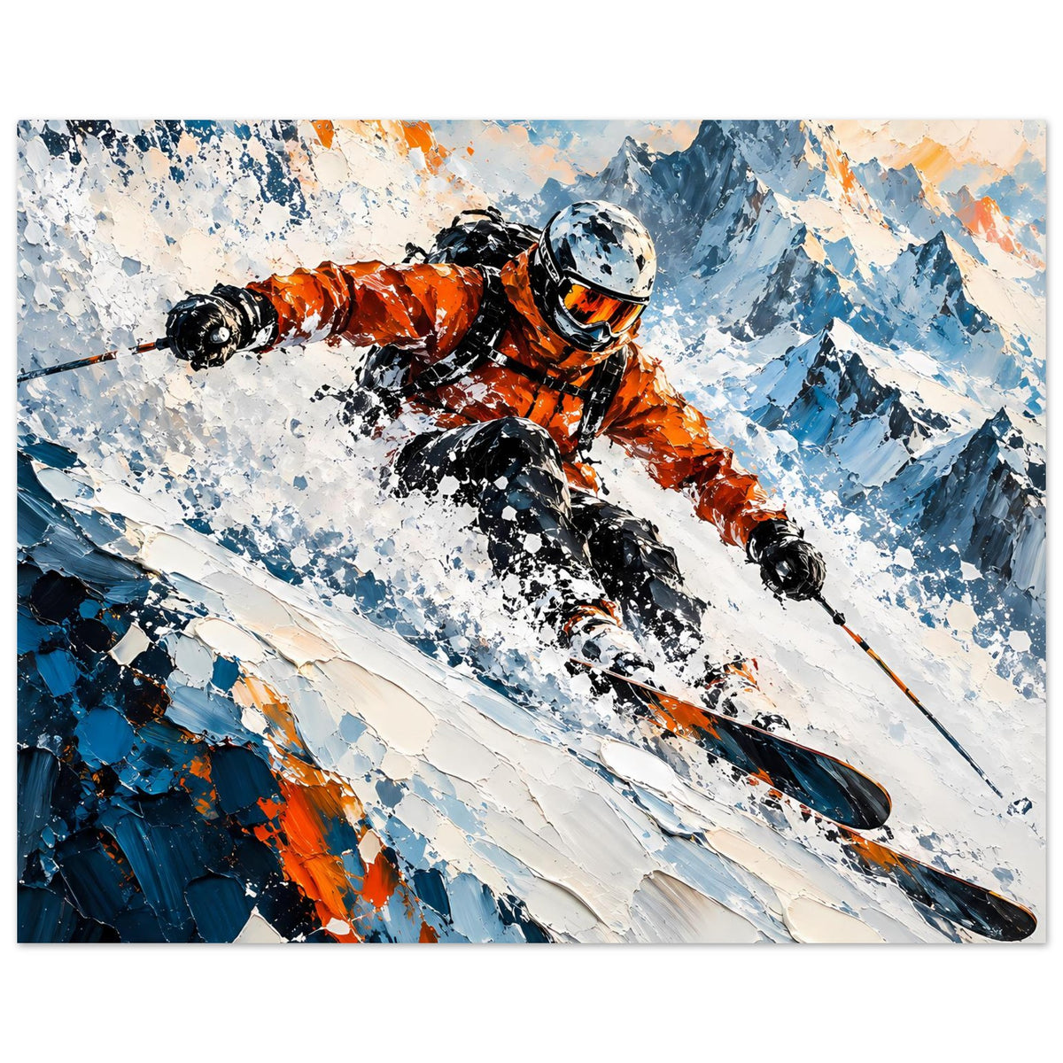 Wintersport-Poster mit Skifahrer in Orange, Skispuren und Schneespritzer, Berglandschaft in Blau