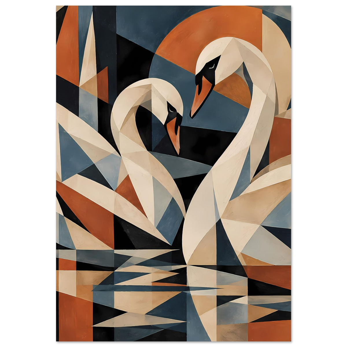 Kubistisches Schwanen-Poster mit stilisiertem Schwan in Blautönen, Ziegelorange und Creme