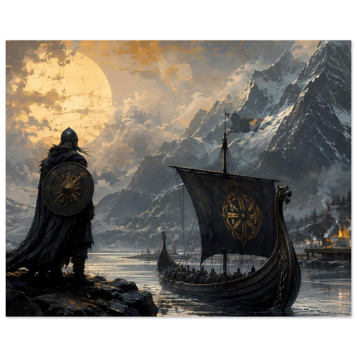 Wikinger-Poster mit Krieger, Rundschild und Drachenboot, Berglandschaft bei Sonnenlicht