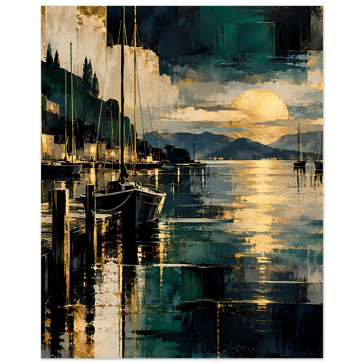 Maritimes Poster im Hochformat mit Segelbooten im Hafen, gelbe Sonne und Reflexe