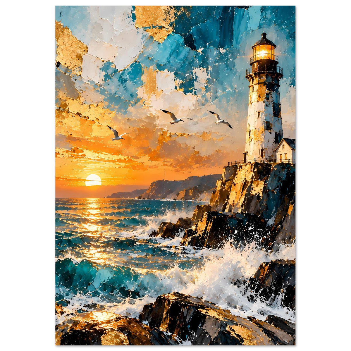 Vertikales Kunstdruck-Poster: Leuchtturm, Küstenfelsen, orangefarbene Abendsonne