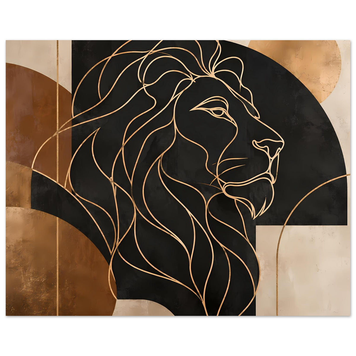 Löwen-Poster mit stilisierten Linien des Löwenkopfs in Gold und Bronze auf dunklem Hintergrund