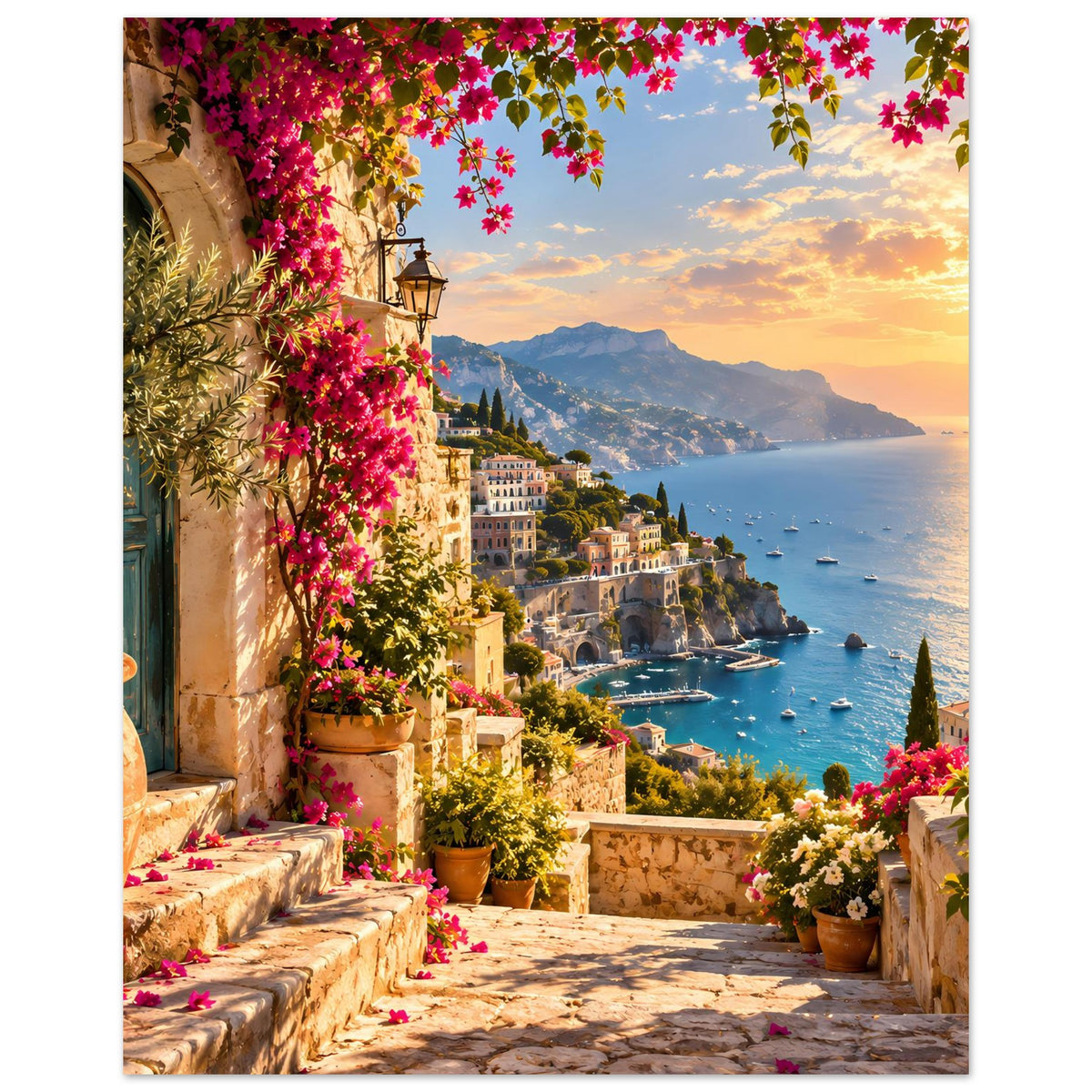 Hochformat-Poster: Küstenbucht bei Sonnenuntergang, Blumen auf Terrassen, Meer und Berge