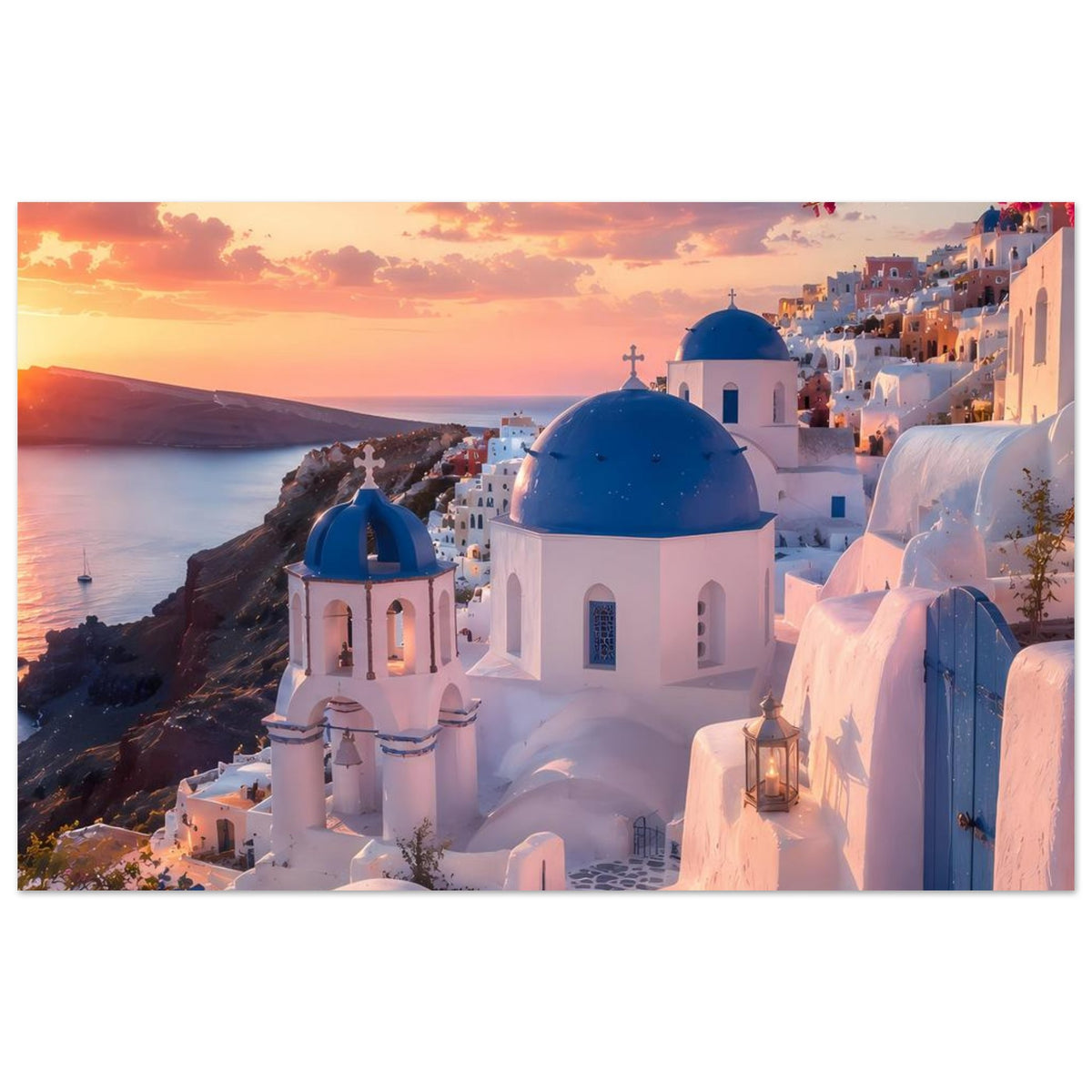 Poster mit weißer Kirche und blauer Kuppel, Blick über das Dorf bei Sonnenuntergang