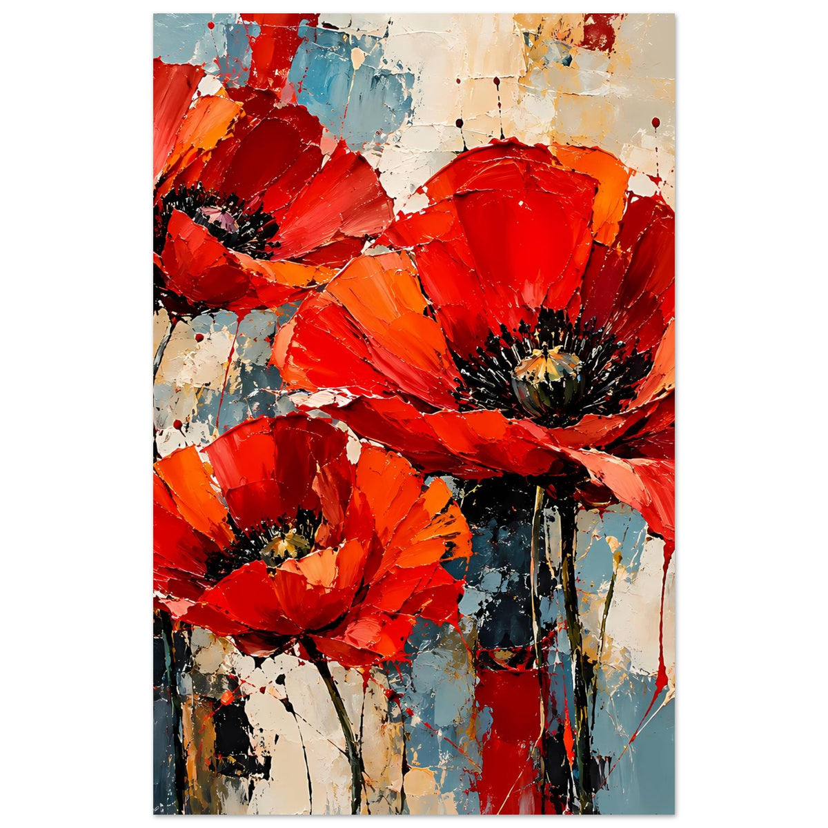Abstraktes Poster mit roten Mohnblumen auf mattem Premiumpapier, vertikal, Nahansicht