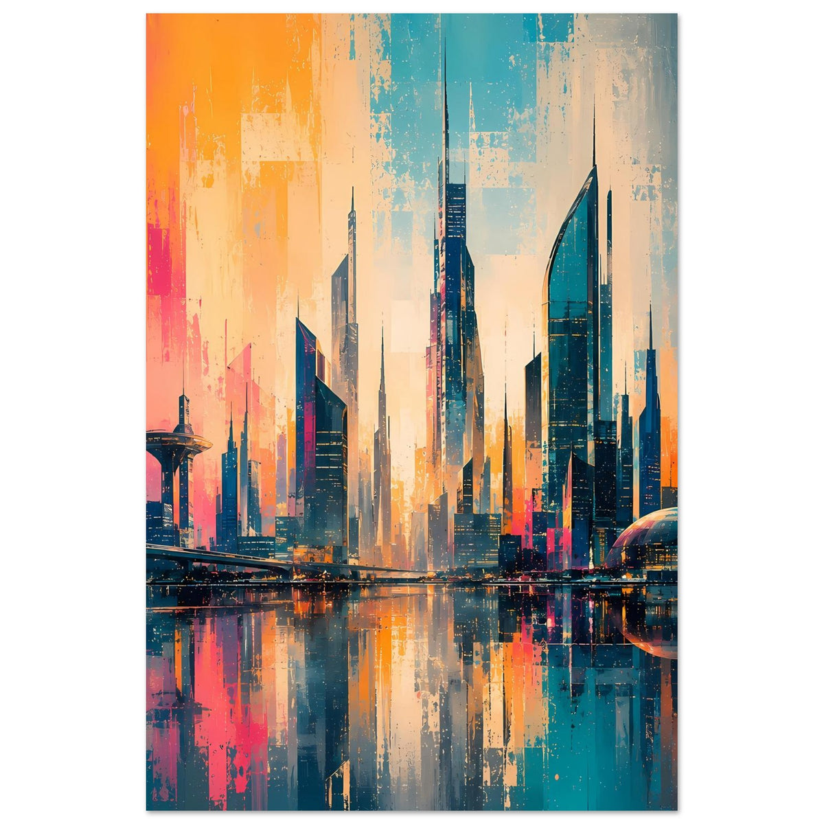 Vertikales Stadtposter mit futuristischer Skyline, spiegelndem Wasser und Orange-Blau-Sonnenuntergang