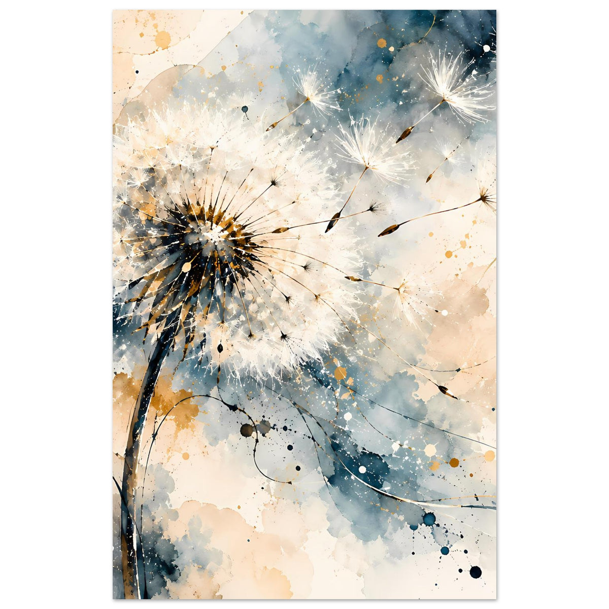 Kunstposter mit Pusteblume im Mittelbild, blau-goldene Farbspritzer und feine Adern