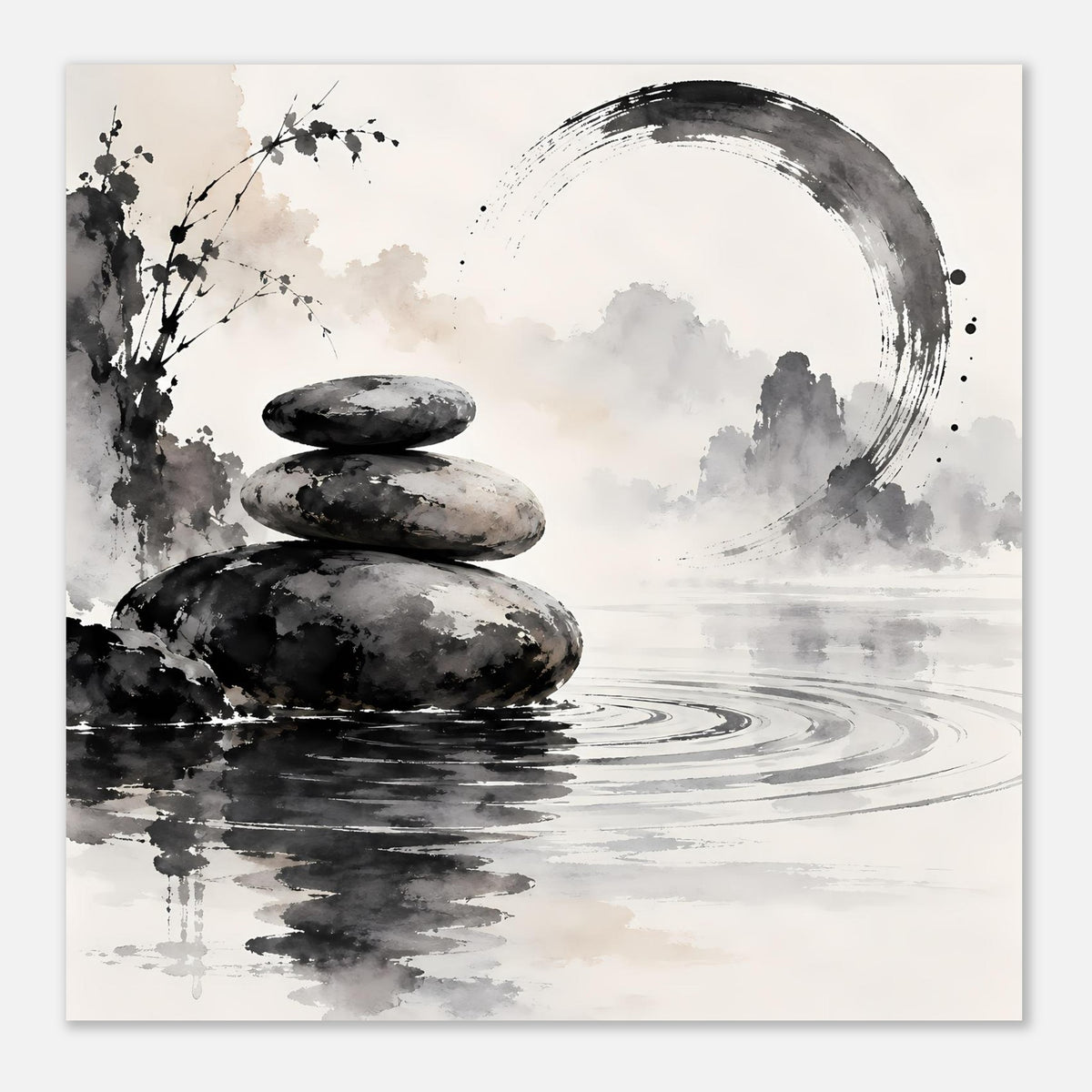 Poster mit Zen-Steinmotiv in Schwarzweiß: drei Steine, Spiegelwasser und großer Pinselkreis