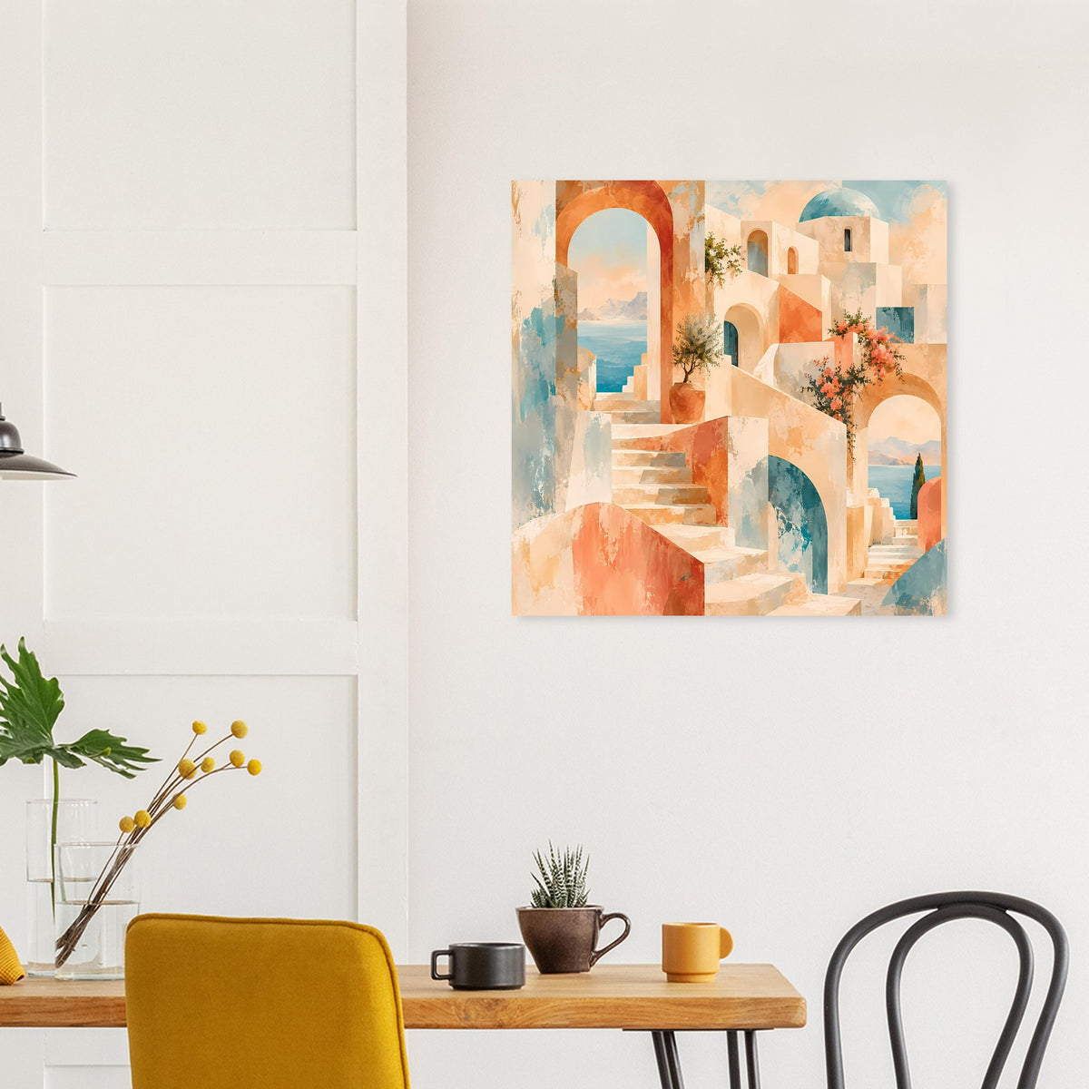 Mediterranes Poster mit Treppe, Gewölbebögen und orange-türkisen Architekturen