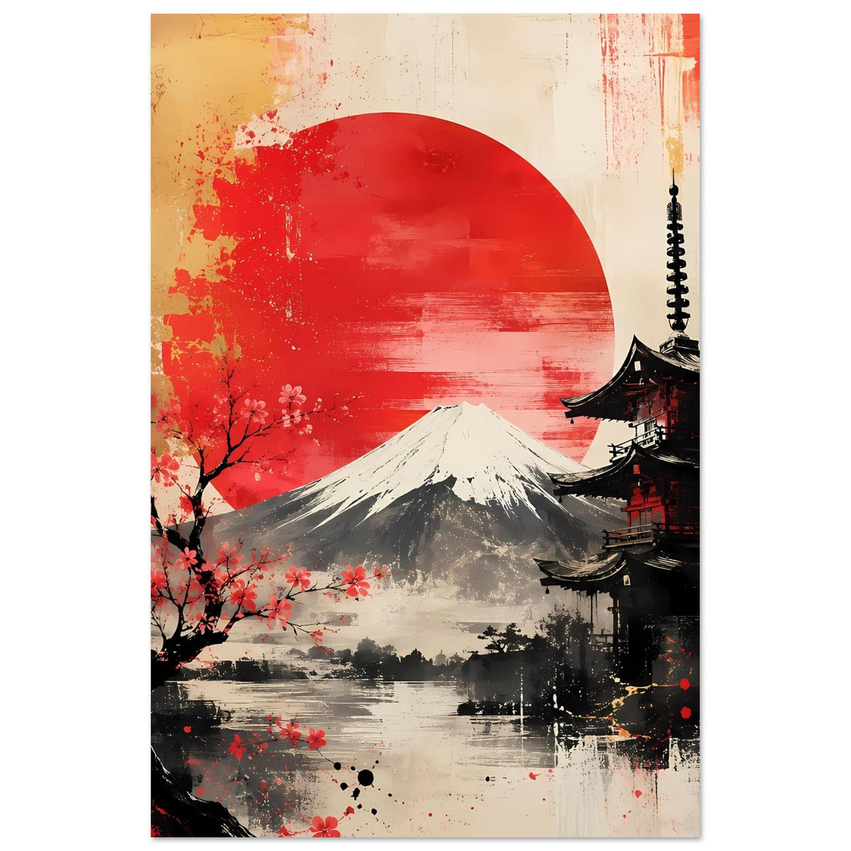 Kunstposter im Hochformat mit roter Sonne, Berg Fuji, Pagode rechts und Kirschblüten