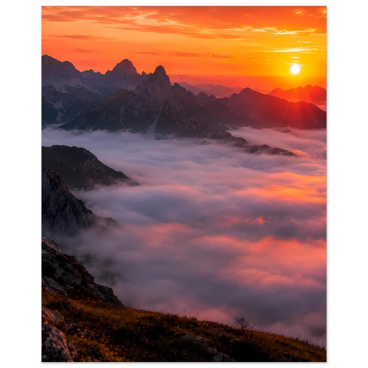 Vertikales Berglandschafts-Poster mit Sonnenuntergang, Sonne über Nebel zwischen Bergen