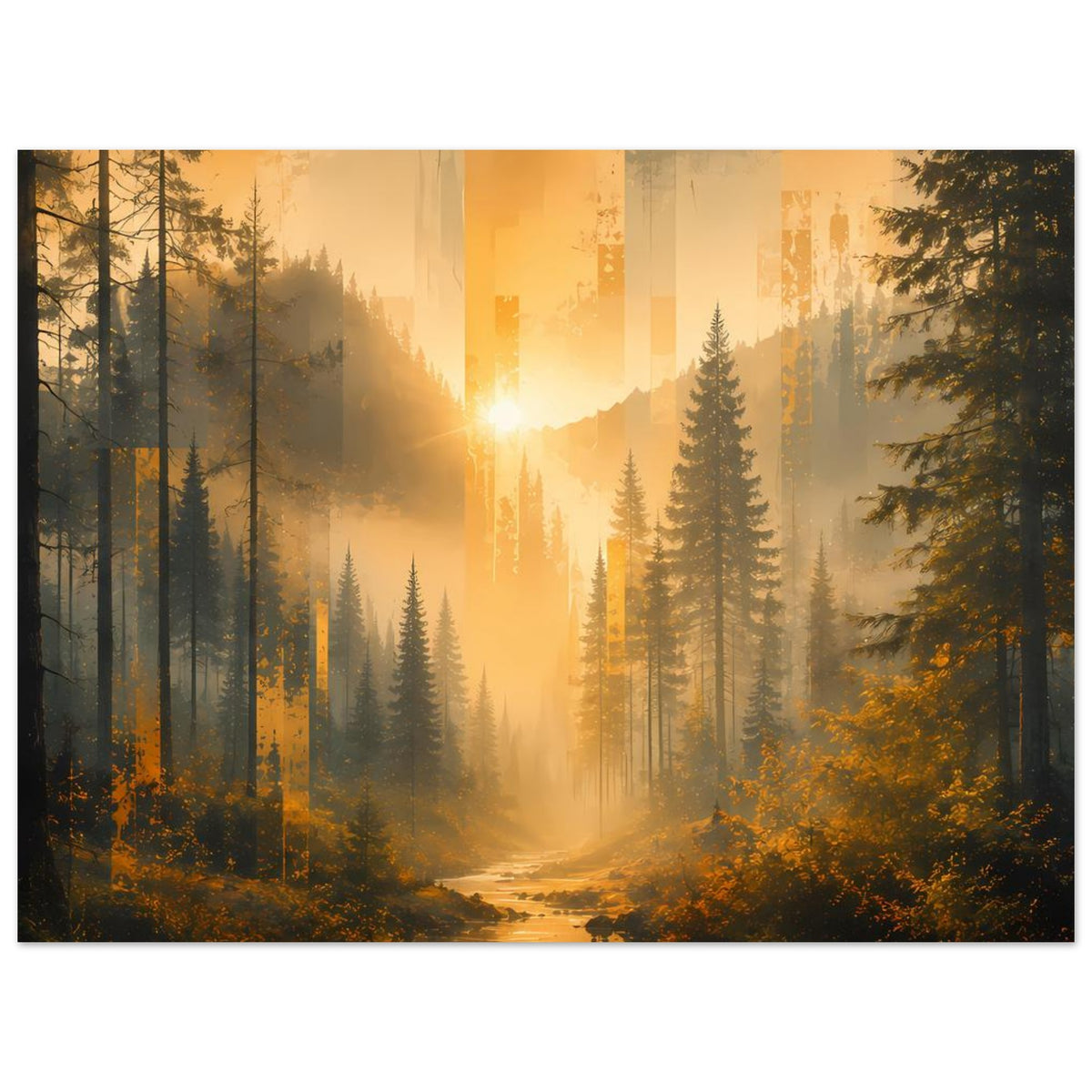 Vertikales Poster Waldlandschaft mit Tannen, Nebel und durchscheinender Sonne