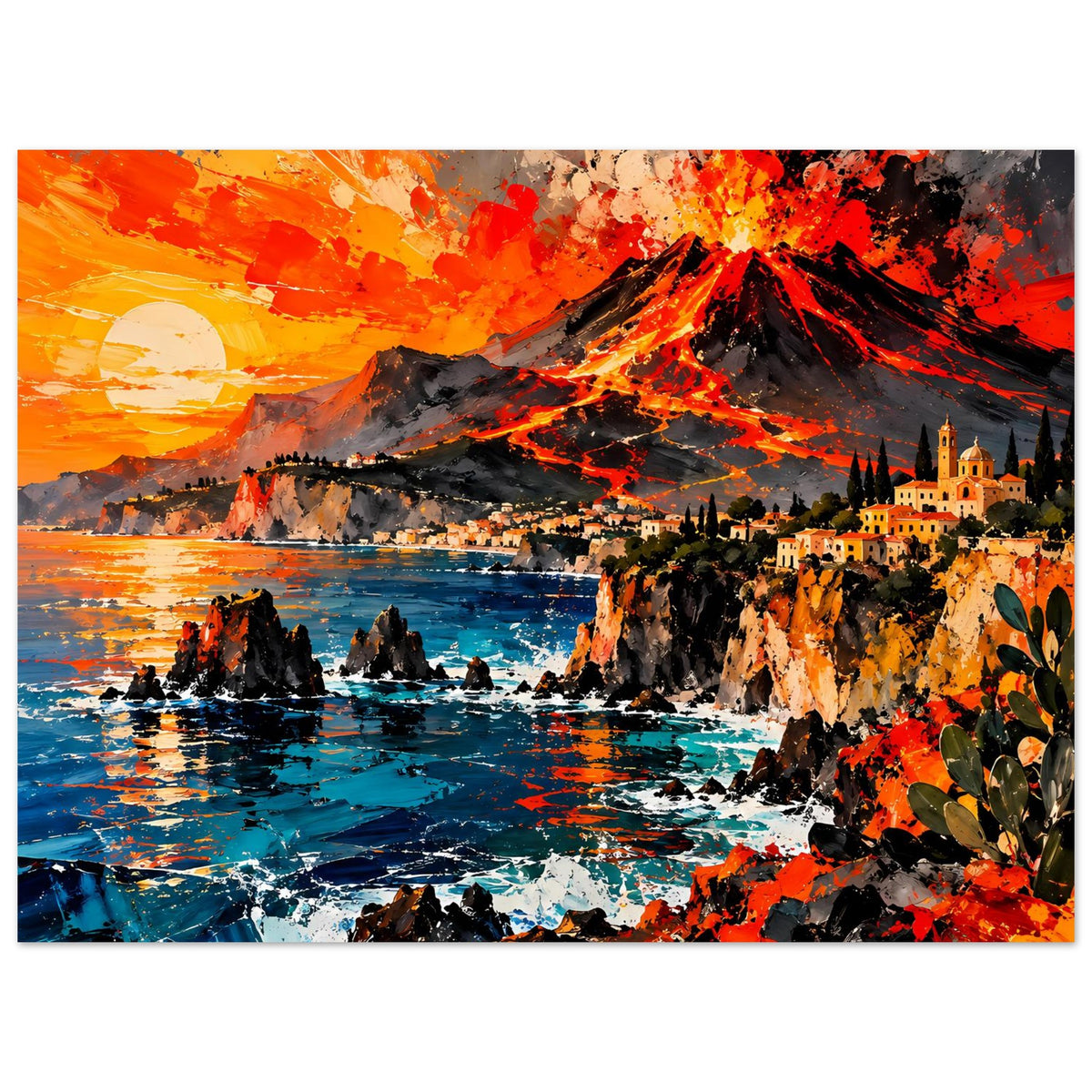 Poster im Querformat: Vulkanexplosion über Küste, Meer und Felsformationen mit Kirche