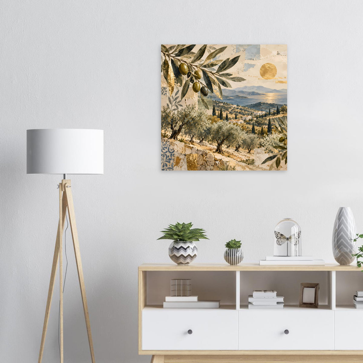 Quadratisches Poster mit Olivenzweigen, Hügellandschaft und goldenem Himmel