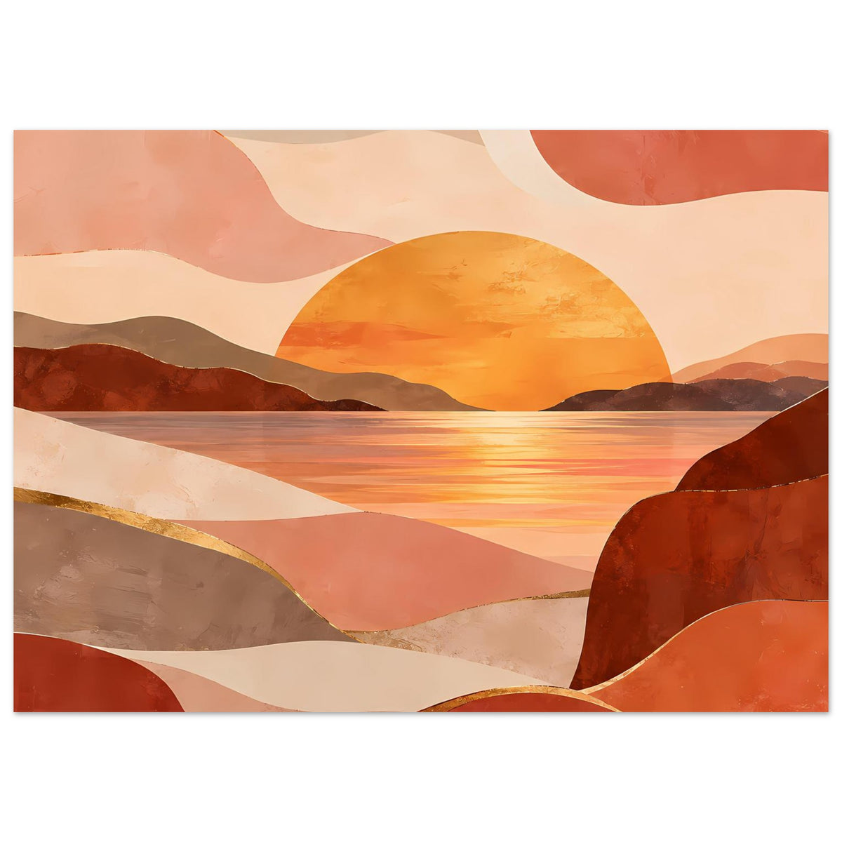 Abstraktes Landschafts-Poster im Querformat mit großer Sonne, ruhiger Wasserfläche und geschichteten Ebenen
