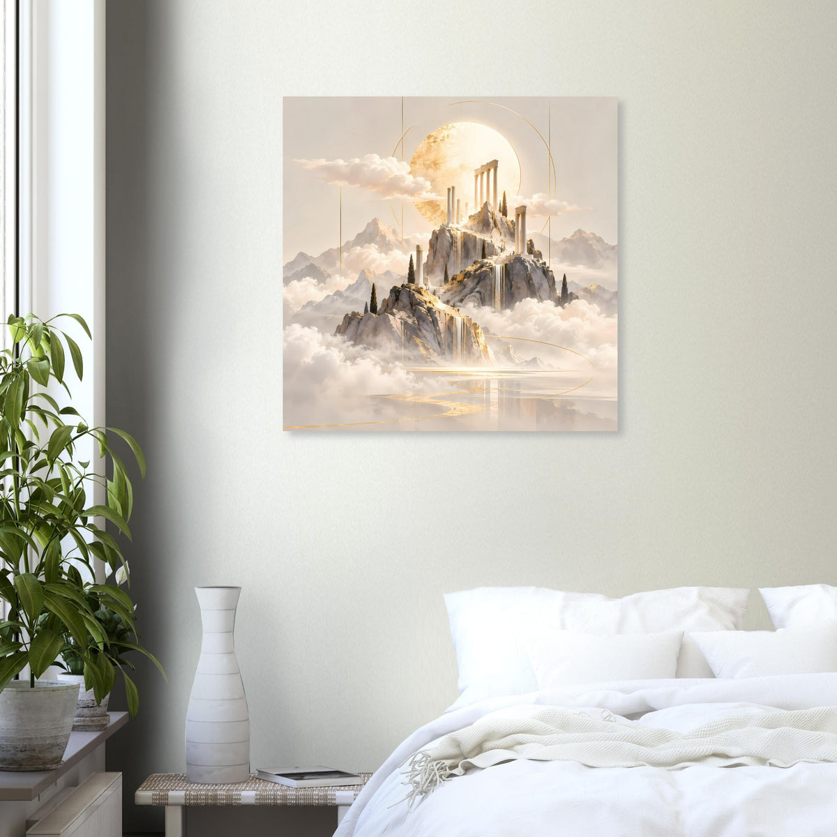 Wandposter mit goldener Tempelsilhouette über Nebel und leuchtender Rundöffnung