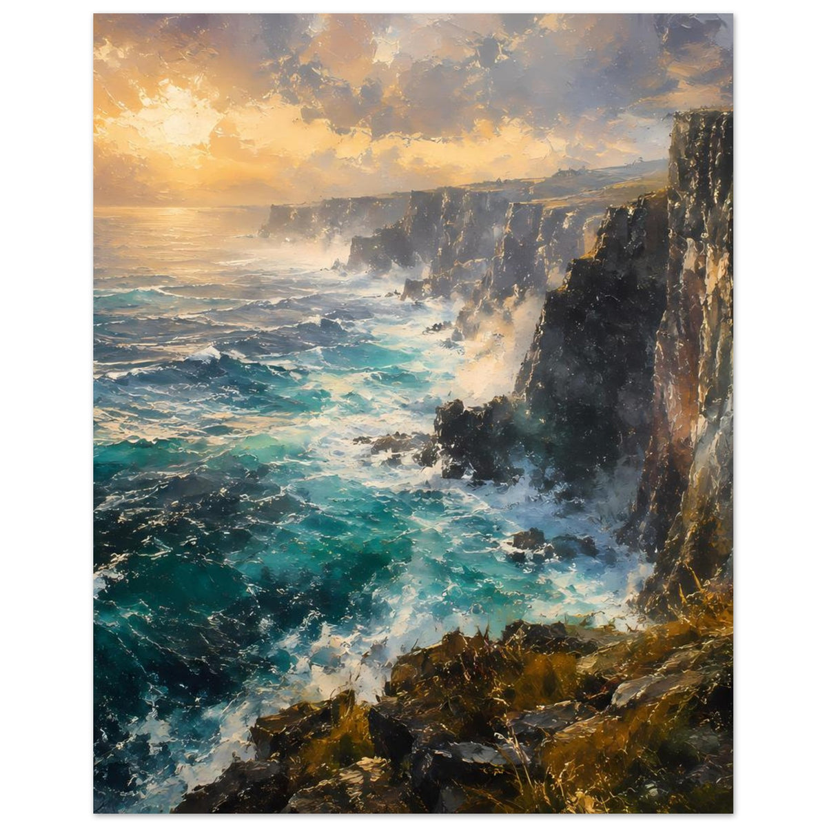 Poster mit Klippenpanorama: türkisblaues Meer, Brandungsschaum und warme Wolken am Horizont.