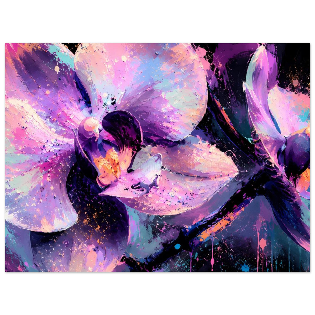 Neon-Orchideenposter mit lila-pinken Blüten und kräftigen Sprühfarbe-Akzenten