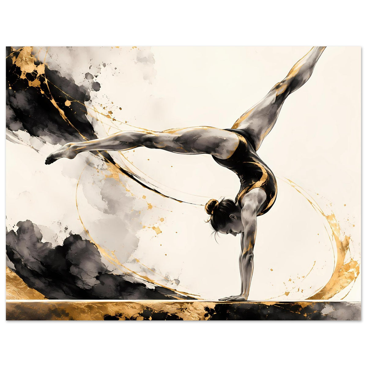 Horizontales Gymnastikposter: Handstand-Turnerin, schwarz-goldener abstrakter Hintergrund