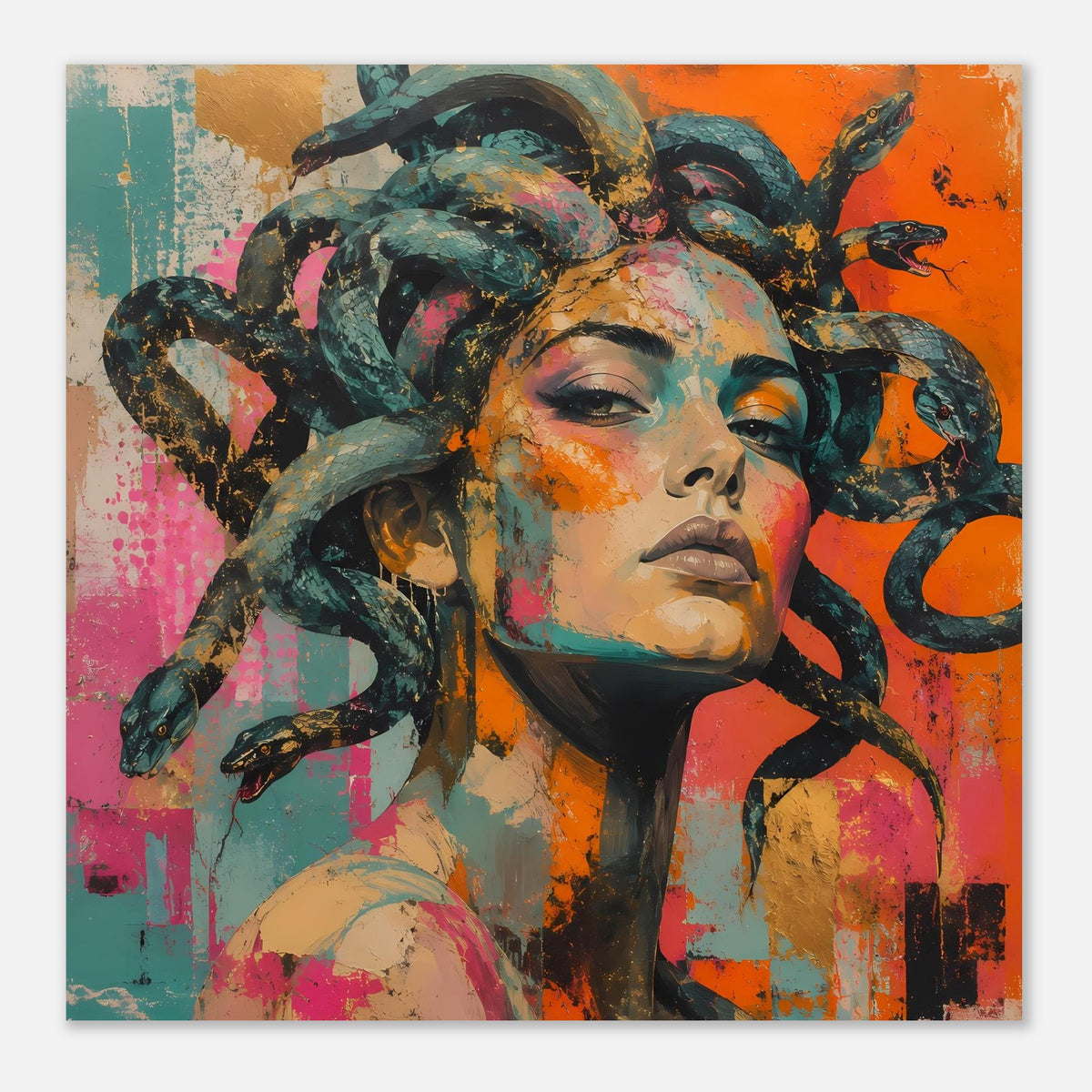Buntes Kunstposter: Medusa-Gesicht mit Schlangenhaar und abstraktem Farbspritzmuster