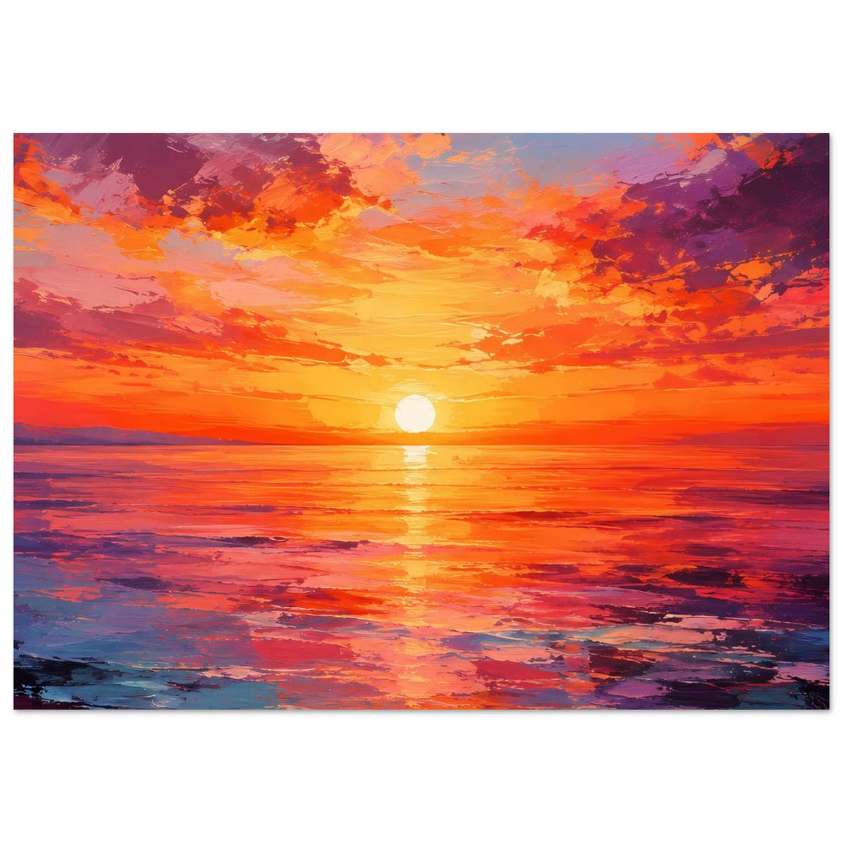 Poster im Breitformat: Sonnenuntergang über dem Meer, orangefarbene Sonne im violetten Himmel.