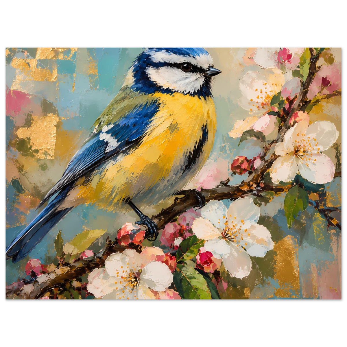 Vogelkunst-Poster querformat: blau-gelbe Meise auf blühendem Ast