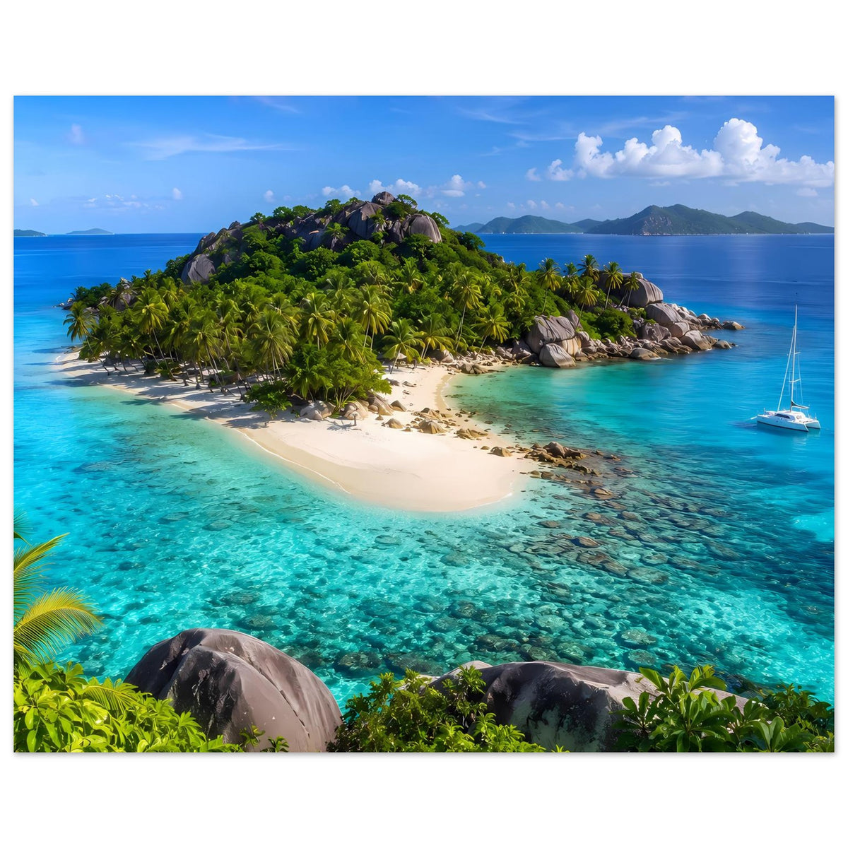 Horizontales Poster mit tropischer Insel: Sandstrand, türkisblaues Meer, Segelboot