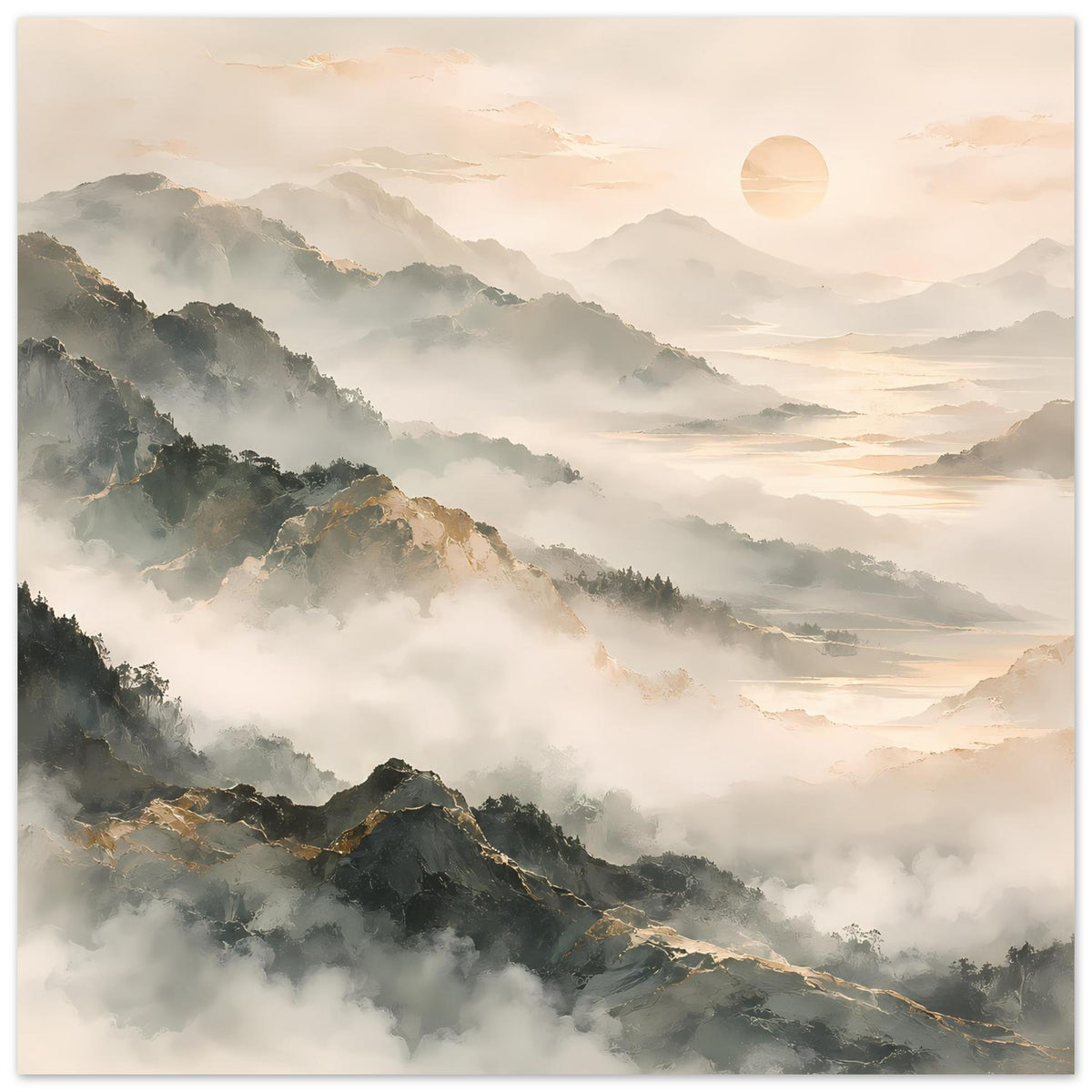 Horizontales Poster: Berglandschaft im Nebel, gedämpfte Grüntöne und goldener Morgenhimmel