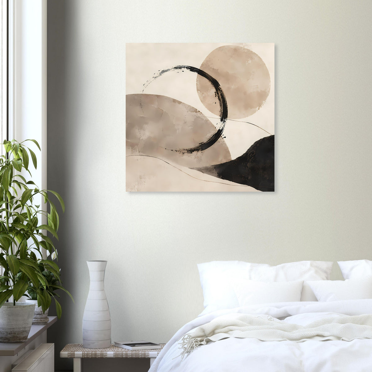 Quadratisches abstraktes Wandposter mit Kreisen in Beige und Grau, schwarze Linie