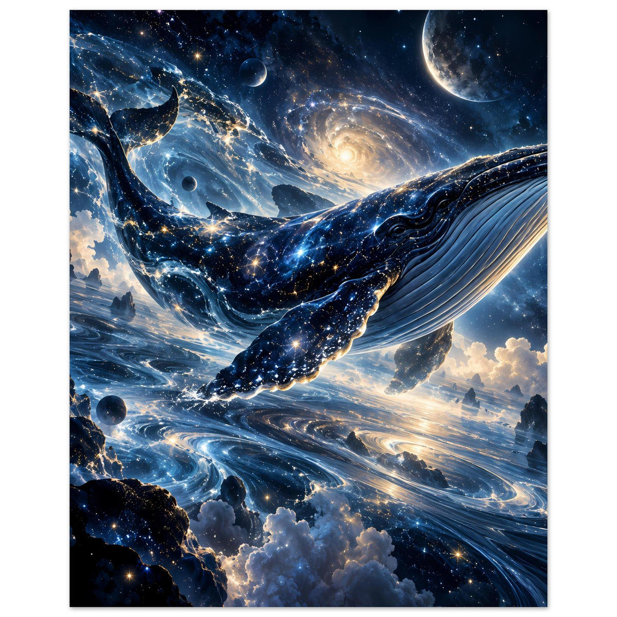 Kosmisches Fantasy-Poster im Hochformat: galaktischer Wal mit Sternenmeer und Planeten