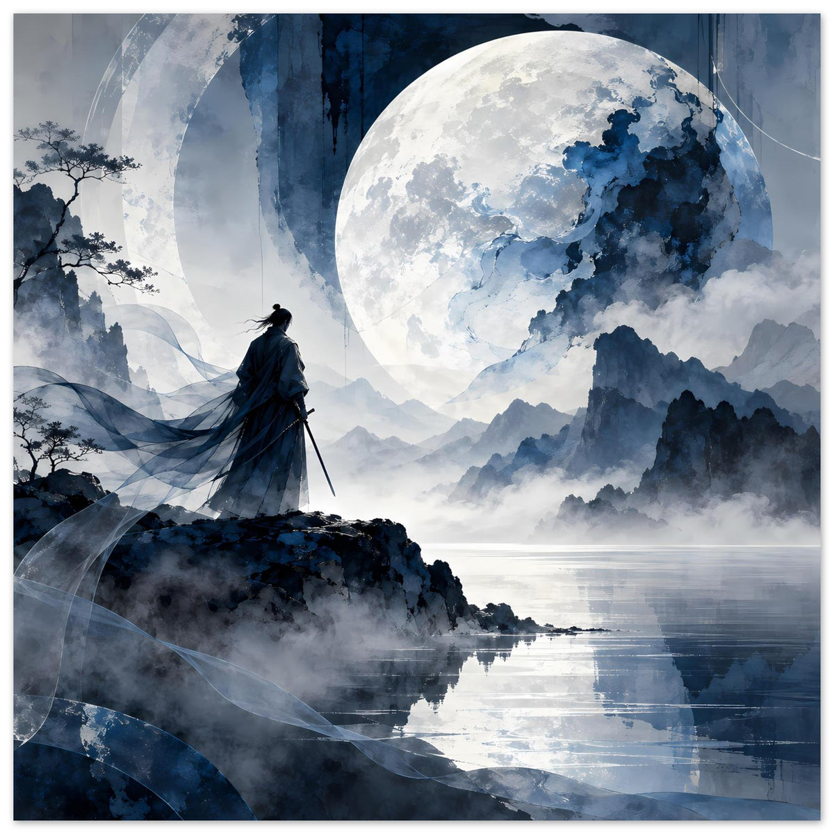 Mattes Poster (quadratisch) mit Samurai-Silhouette, großem Mond, blauen Bergen und See.