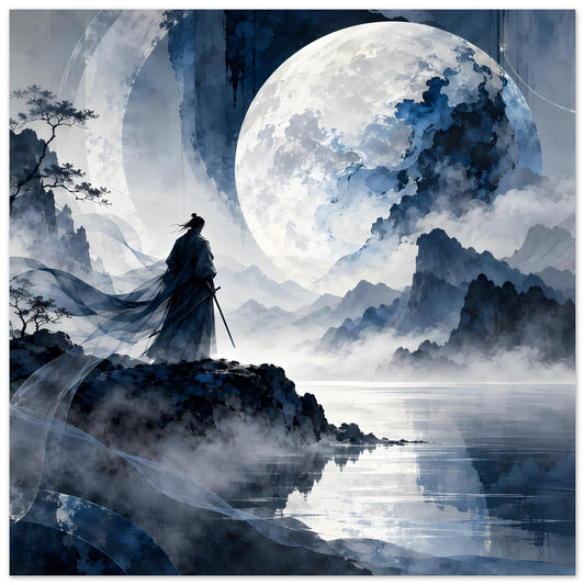 Mattes Poster (quadratisch) mit Samurai-Silhouette, großem Mond, blauen Bergen und See.