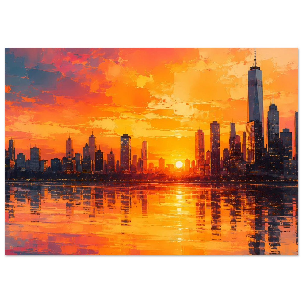 Horizontales Stadt-Skyline-Poster mit Sonnenuntergang und Lichtreflexion im Wasser