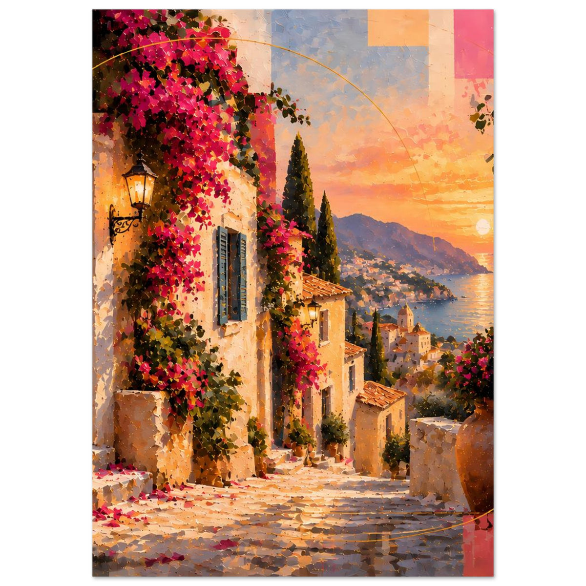 Vertikales Poster mit mediterranem Blick, blühendem Fensterumfeld und Abendsonne am Wasser