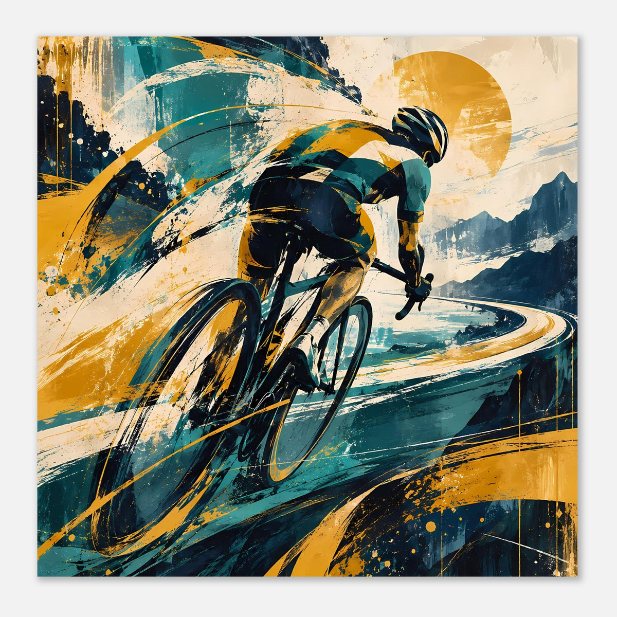 Sportposter horizontal, Radfahrer in Bewegung, Farbspritzer und Kurvenstraße in Blau/Gelb
