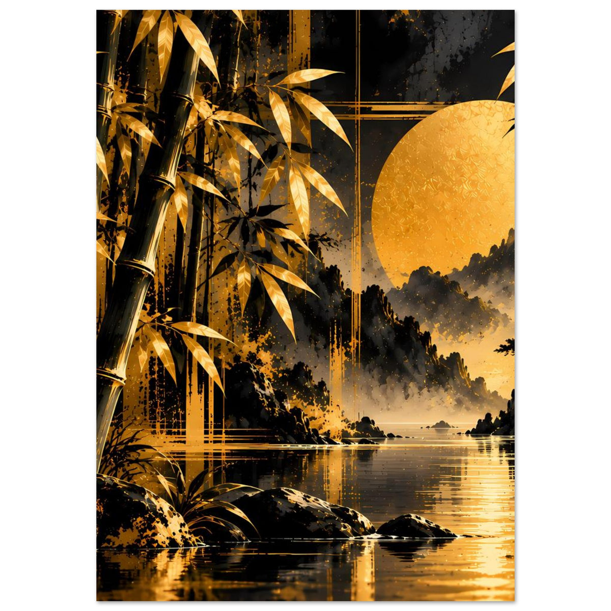Wandposter (hochkant) mit goldenen Bambusrohren, Mondhimmel, Nebel und spiegelndem Wasser