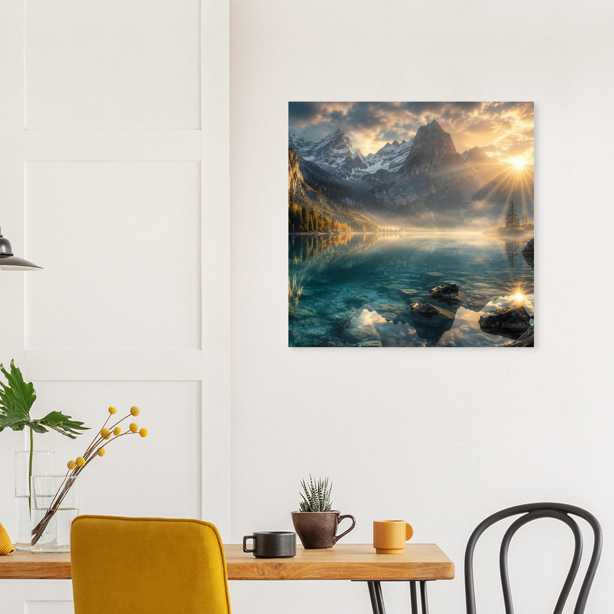 Quadratisches Poster mit Bergsee und warmem Licht, gerahmt an weißer Wand