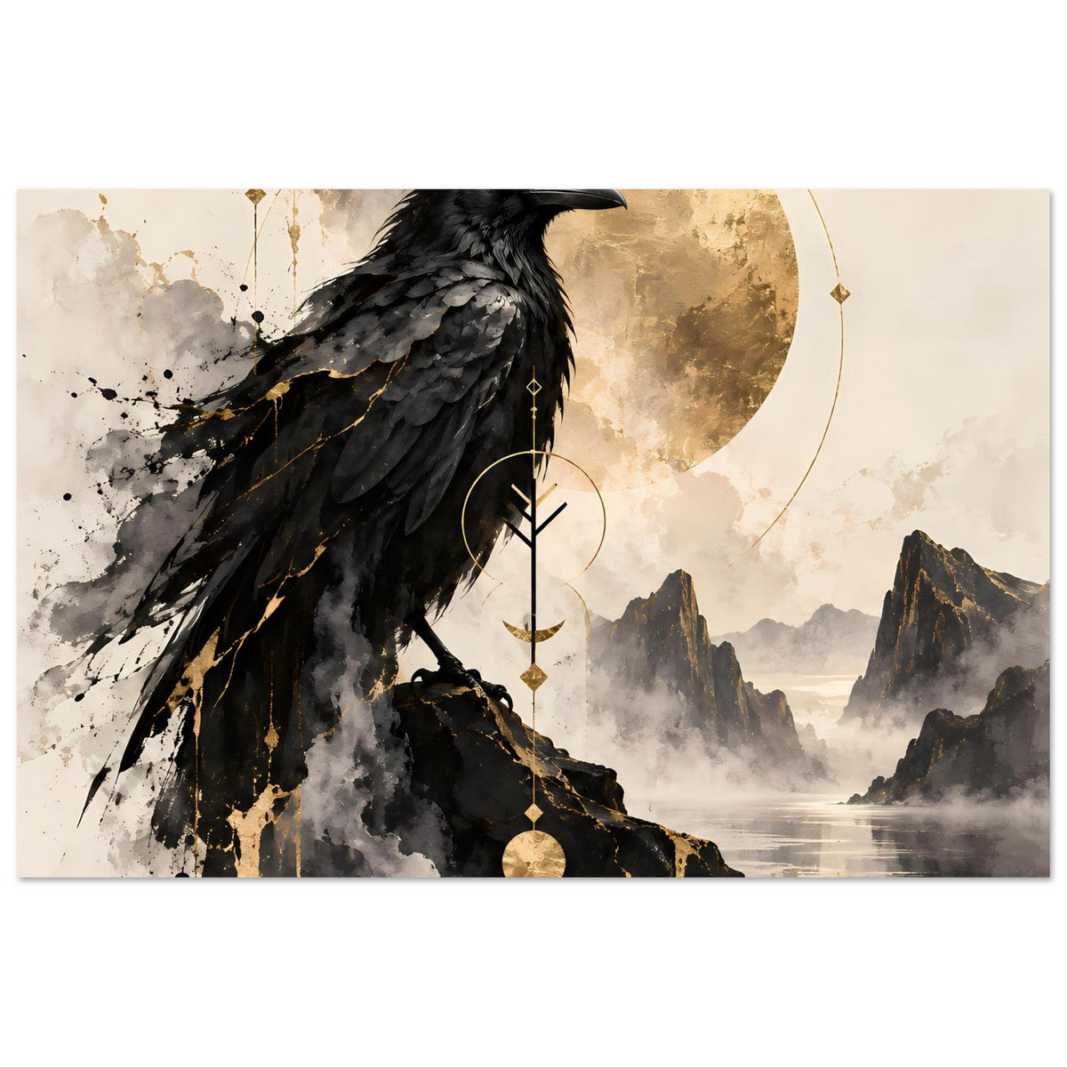 Poster mit schwarzem Rabenmotiv, goldene Schmucklinien entlang der Flügel