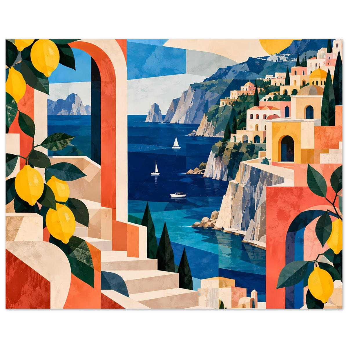 Mediterranes Küstenposter (horizontal) mit Küste, Treppe, Häusern, Sonne und Zitronen