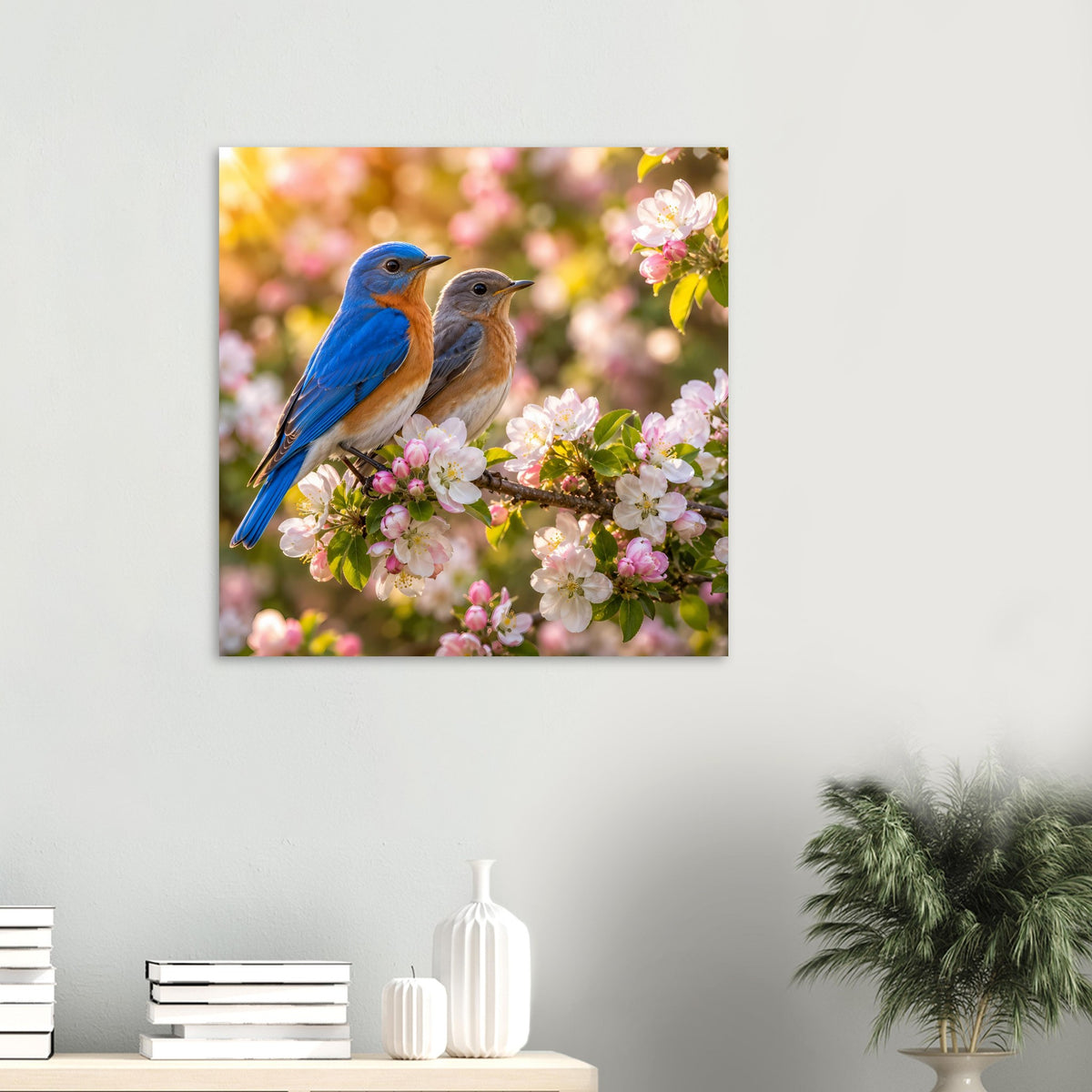 Kleines Vogelposter: Zwei Vögel auf blühendem Zweig zwischen rosa und weißen Blüten