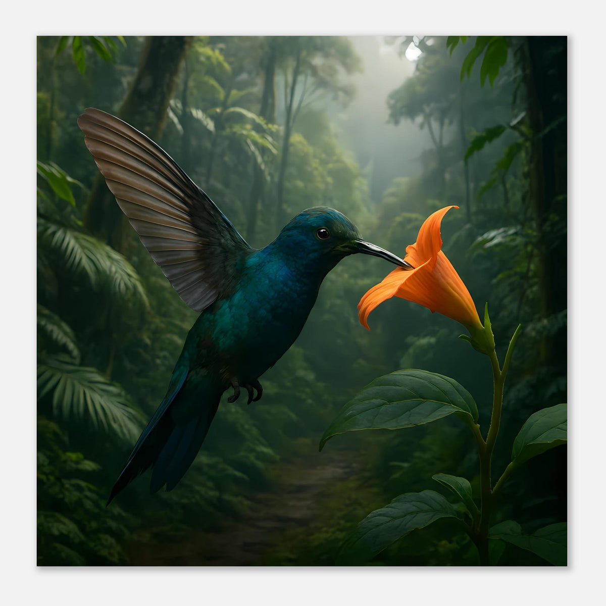 Poster mit Kolibri, blauem Gefieder und orangefarbener Blüte zwischen Blättern
