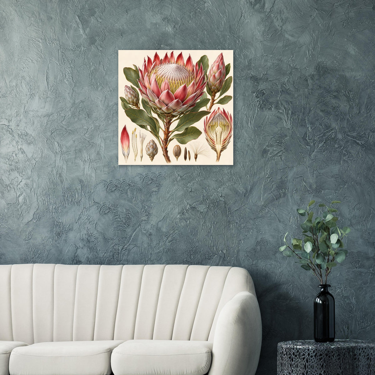 Quadratisches Poster mit Protea-Blüte und botanischen Elementen, Rot/Rosa und Grün
