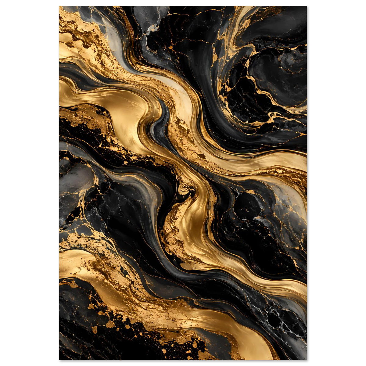 Abstraktes Poster mit schwarzen Marmorwirbeln und goldenen Flächen, Hochformat