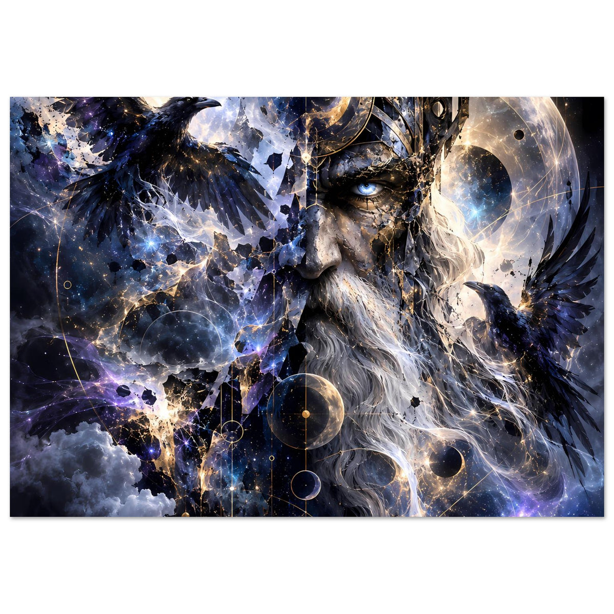 Fantasy-Poster mit Königsgesicht, Rabe und planetenhellen Lichtbögen im Sternenmeer