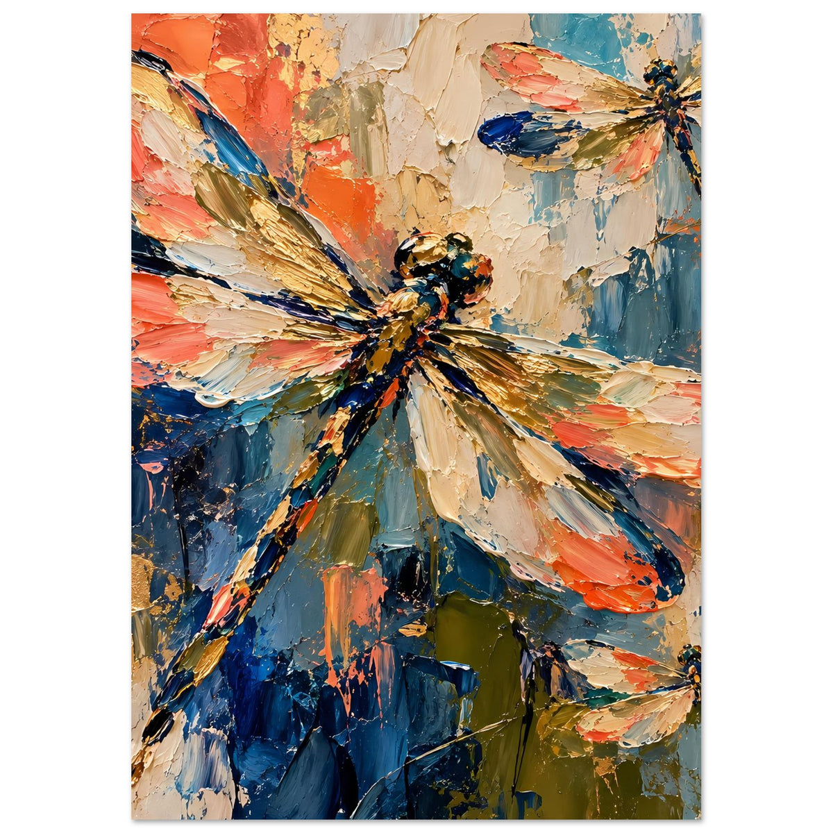 Hochformat-Poster mit Drachenfliegen-Motiv, leuchtende Pinselstriche auf mattem Papier