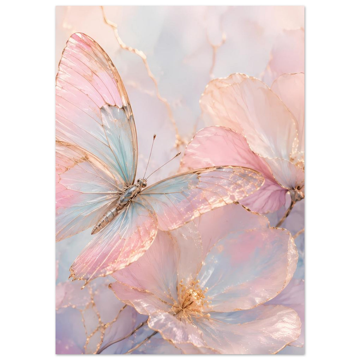 Aquarell-Poster mit Schmetterlingen und goldenen Akzenten in Rosa und Blau