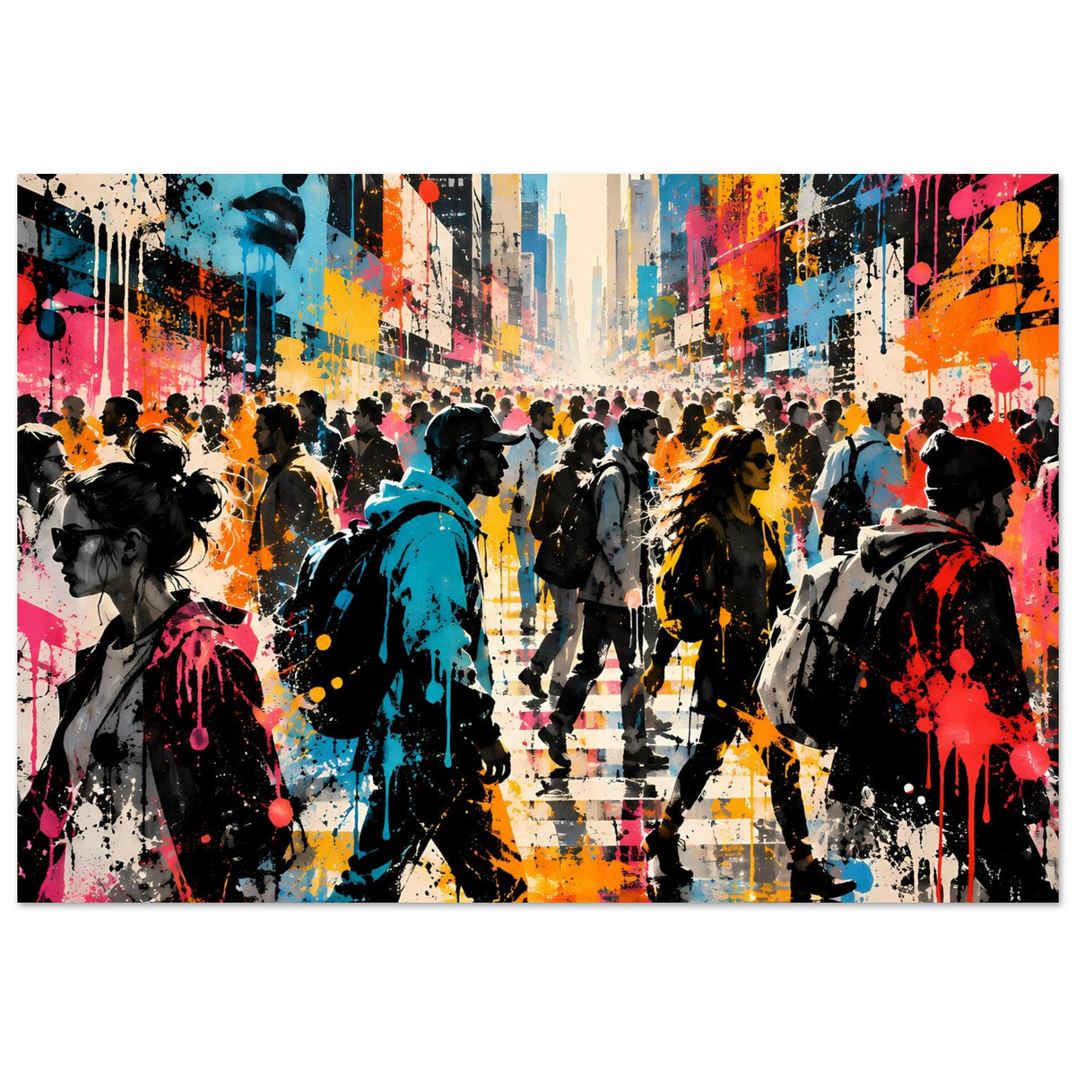 Street-Art-Poster im Querformat: Farbige Graffiti-Gassenansicht mit Crowd-Silhouetten und Spritzern