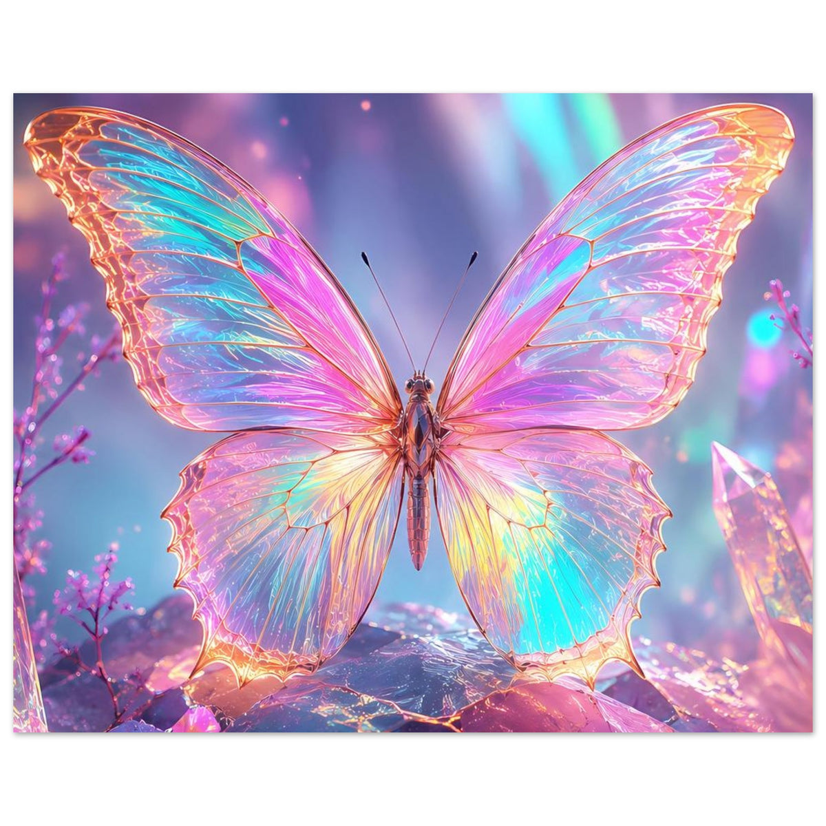 Fantasy-Poster mit Regenbogen-Schmetterling, leuchtende Flügel und zentrale Insektenfigur