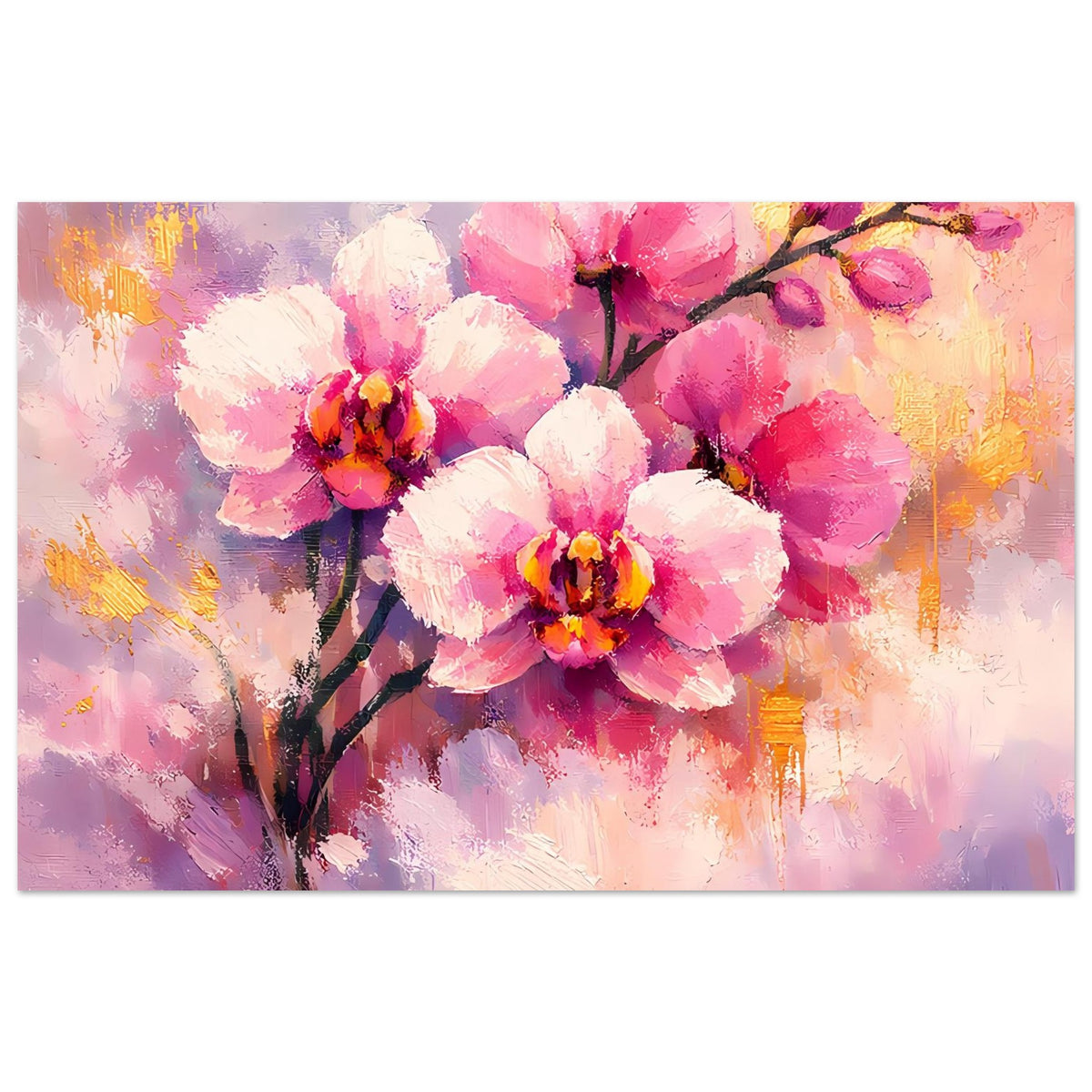 Orchideenblüten-Poster (Querformat): rosa Blüten am schwarzen Zweig, goldene Akzente