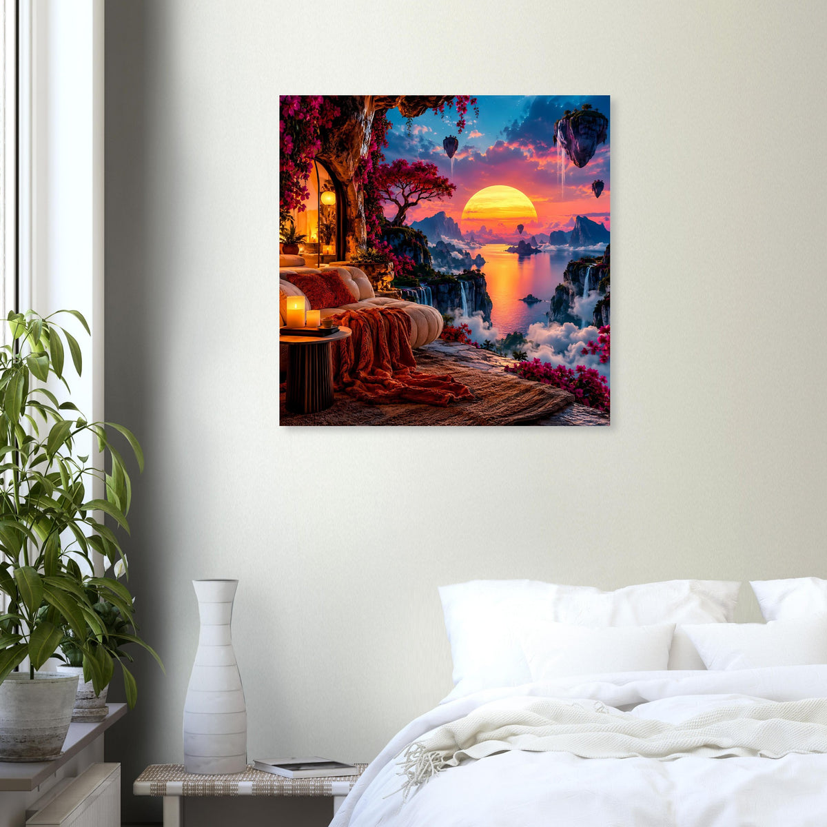 Wandposter mit Traumlandschaft bei Sonnenuntergang: leuchtender Himmel, Wolken und Gartenweg